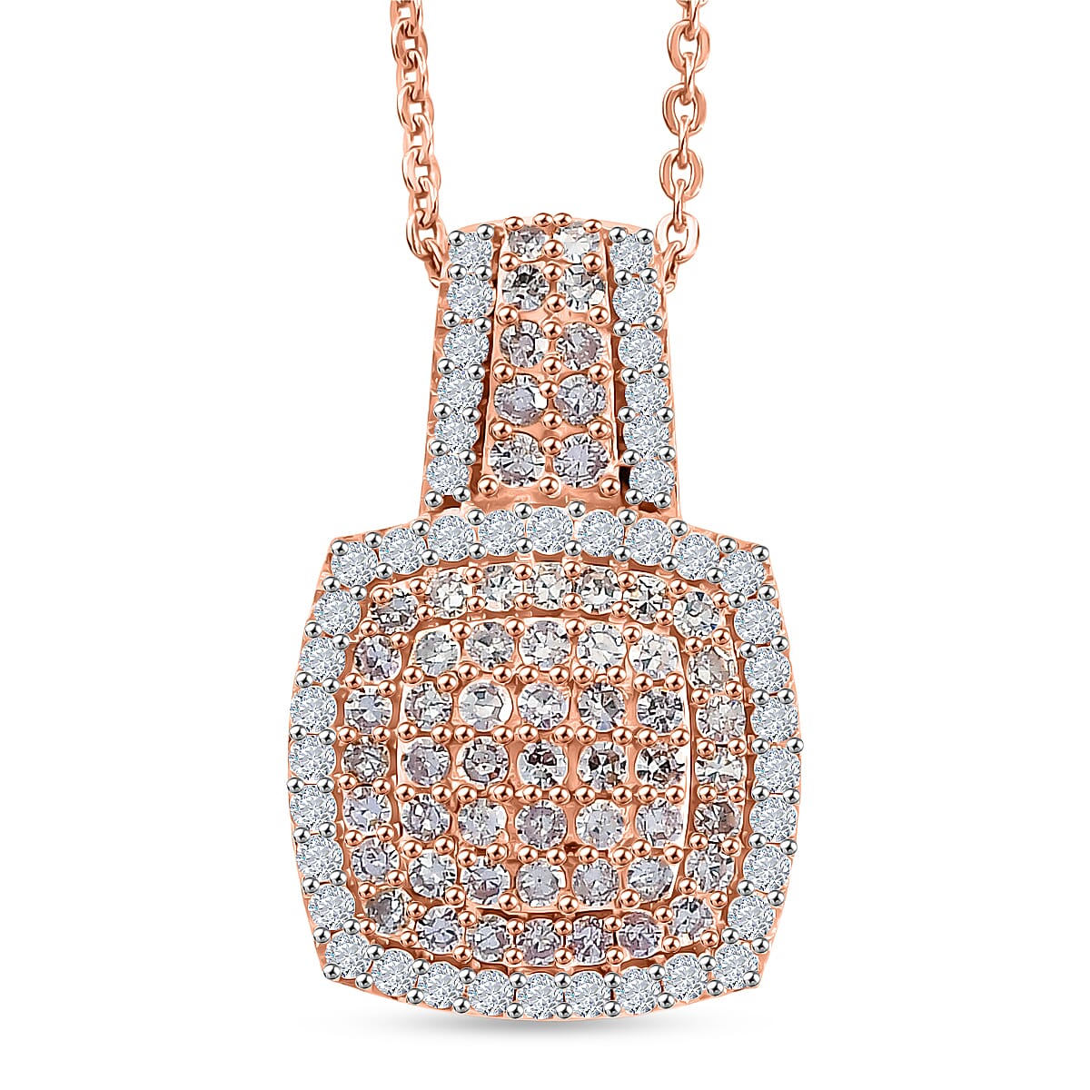 D'Joy Natural Pink and White Diamond  0.75 ctw Rose Cushion Glow Pendant Necklace in 18K Vermeil Rose Gold Over Sterling Silver 20 Inches