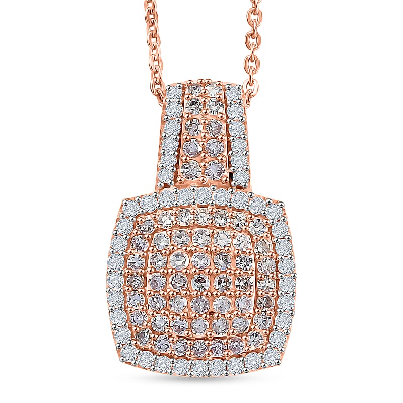 D'Joy Natural Pink and White Diamond  0.75 ctw Rose Cushion Glow Pendant Necklace in 18K Vermeil Rose Gold Over Sterling Silver 20 Inches