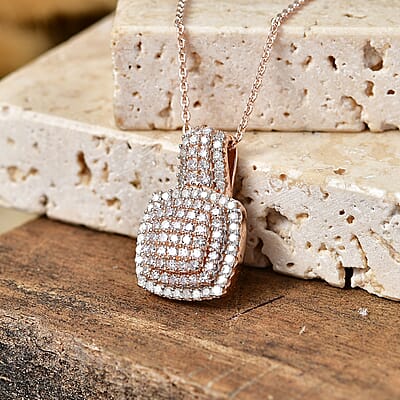 D'Joy Natural Pink and White Diamond  0.75 ctw Rose Cushion Glow Pendant Necklace in 18K Vermeil Rose Gold Over Sterling Silver 20 Inches