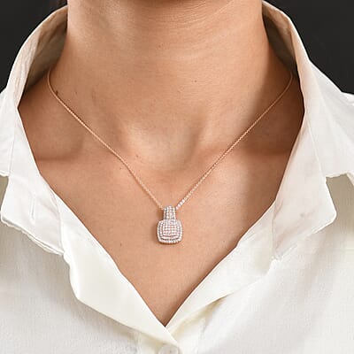 D'Joy Natural Pink and White Diamond  0.75 ctw Rose Cushion Glow Pendant Necklace in 18K Vermeil Rose Gold Over Sterling Silver 20 Inches