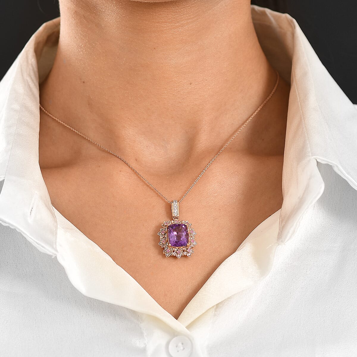 GP AAA Rose De France Amethyst and Multi Gemstone 6.20 ctw Pendant Necklace in 18K Vermeil Rose Gold Over Sterling Silver 20 Inches image number 2