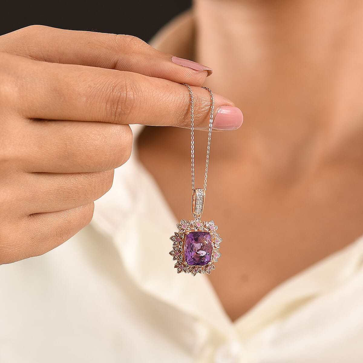 GP AAA Rose De France Amethyst and Multi Gemstone 6.20 ctw Pendant Necklace in 18K Vermeil Rose Gold Over Sterling Silver 20 Inches image number 3