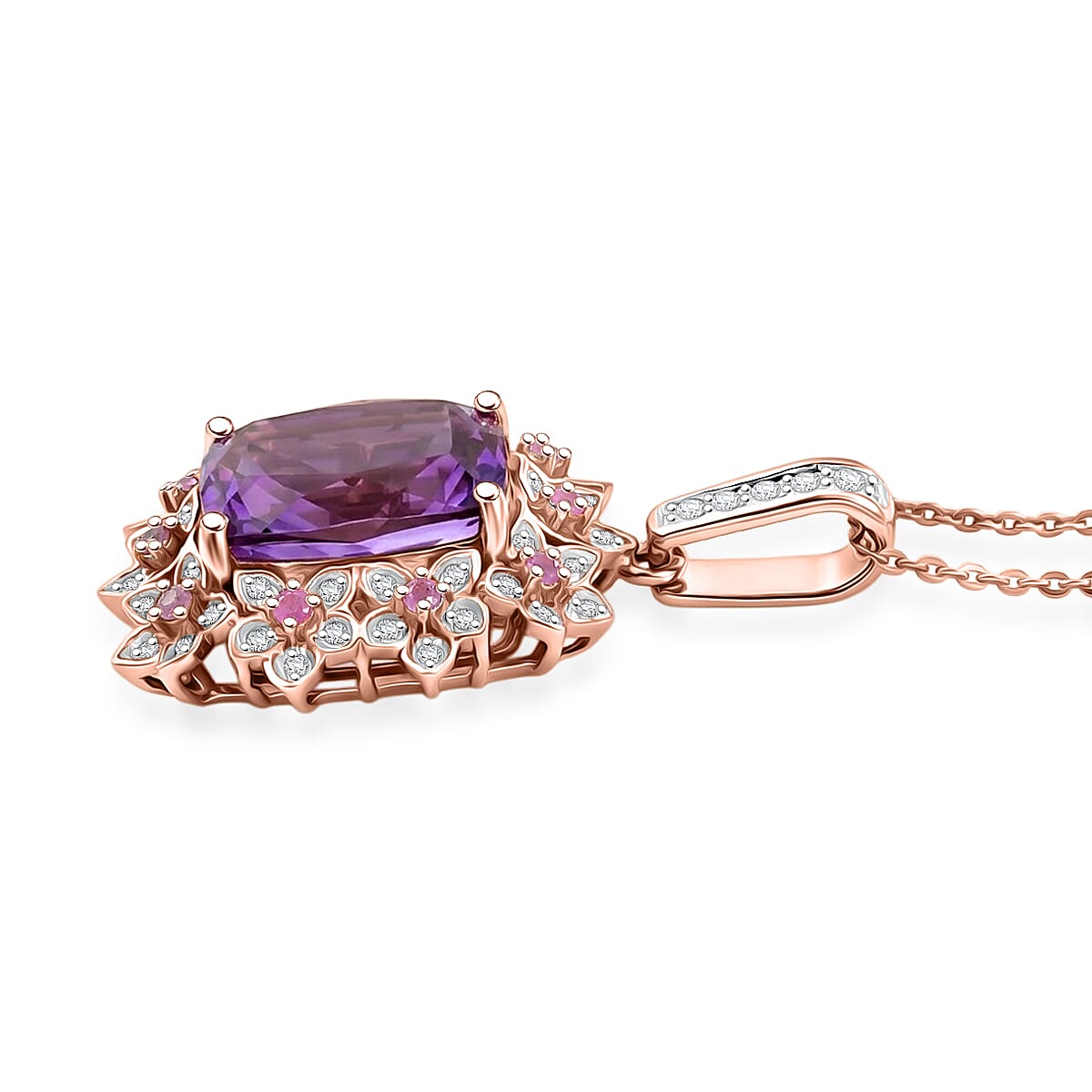 GP AAA Rose De France Amethyst and Multi Gemstone 6.20 ctw Pendant Necklace in 18K Vermeil Rose Gold Over Sterling Silver 20 Inches image number 4