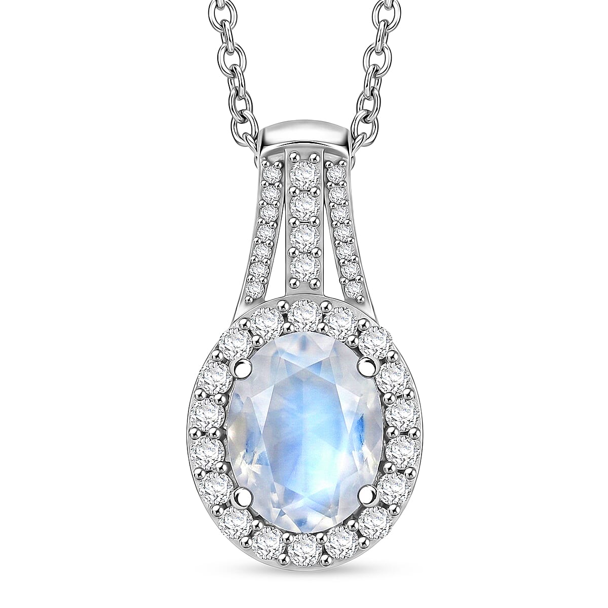 EverTrue Rainbow Moonstone and White Zircon 3.40 ctw Pendant in Platinum Bond with Stainless Steel Necklace (20 Inches)