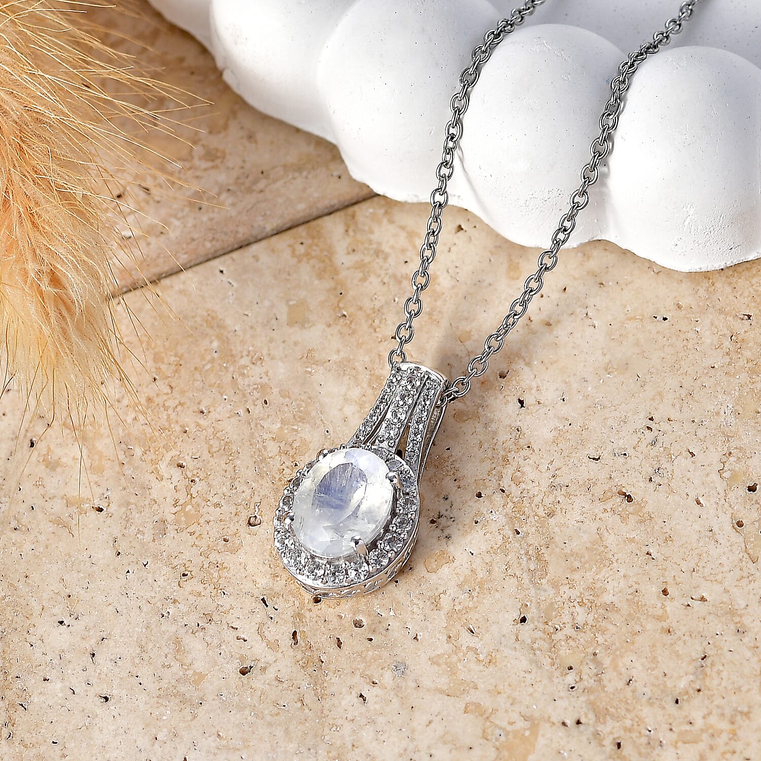 EverTrue Rainbow Moonstone and White Zircon 3.40 ctw Pendant in Platinum Bond with Stainless Steel Necklace (20 Inches)