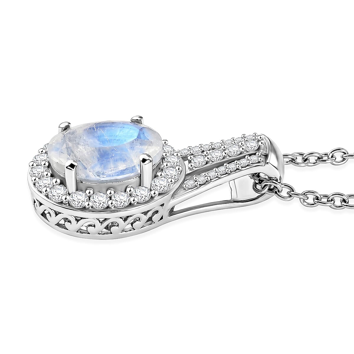EverTrue Rainbow Moonstone and White Zircon 3.40 ctw Pendant in Platinum Bond with Stainless Steel Necklace (20 Inches)