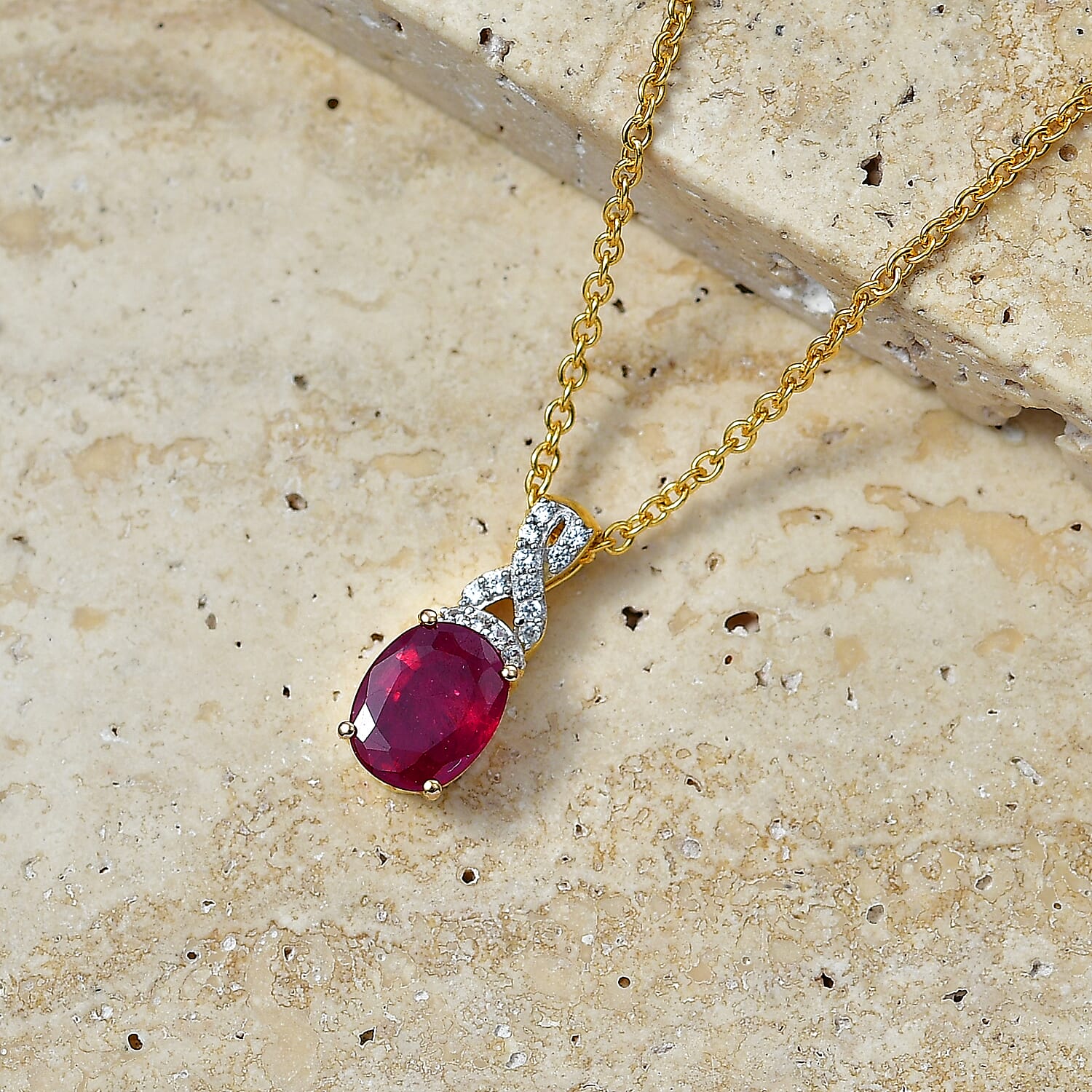 EverTrue Niassa Ruby and White Zircon 2.40 ctw Pendant in Platinum Bond with Stainless Steel Necklace (20 Inches)