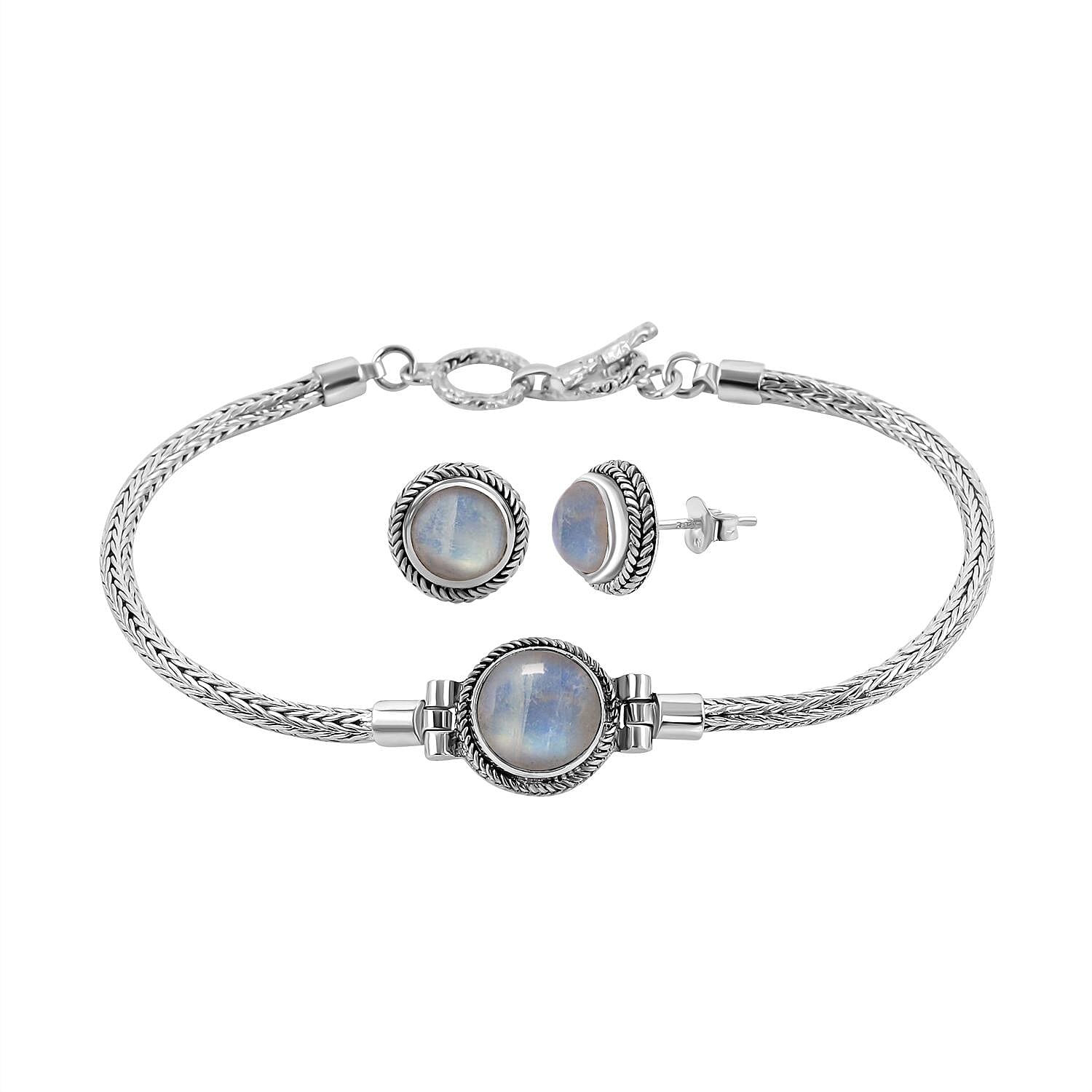 Bali Legacy Rainbow Moonstone 7.00 ctw Bracelet (8.00In) and Earrings in Sterling Silver