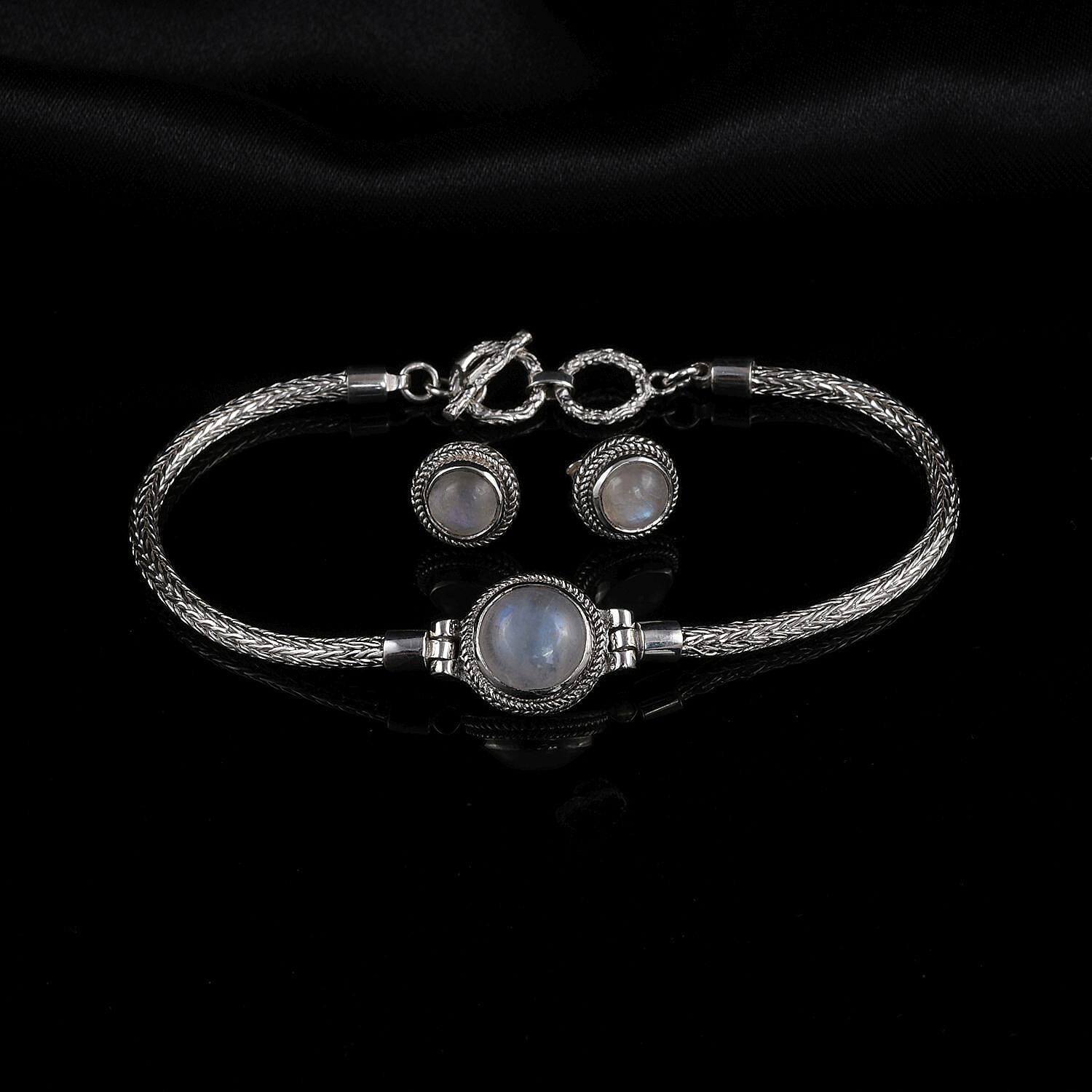 Bali Legacy Rainbow Moonstone 7.00 ctw Bracelet (8.00In) and Earrings in Sterling Silver