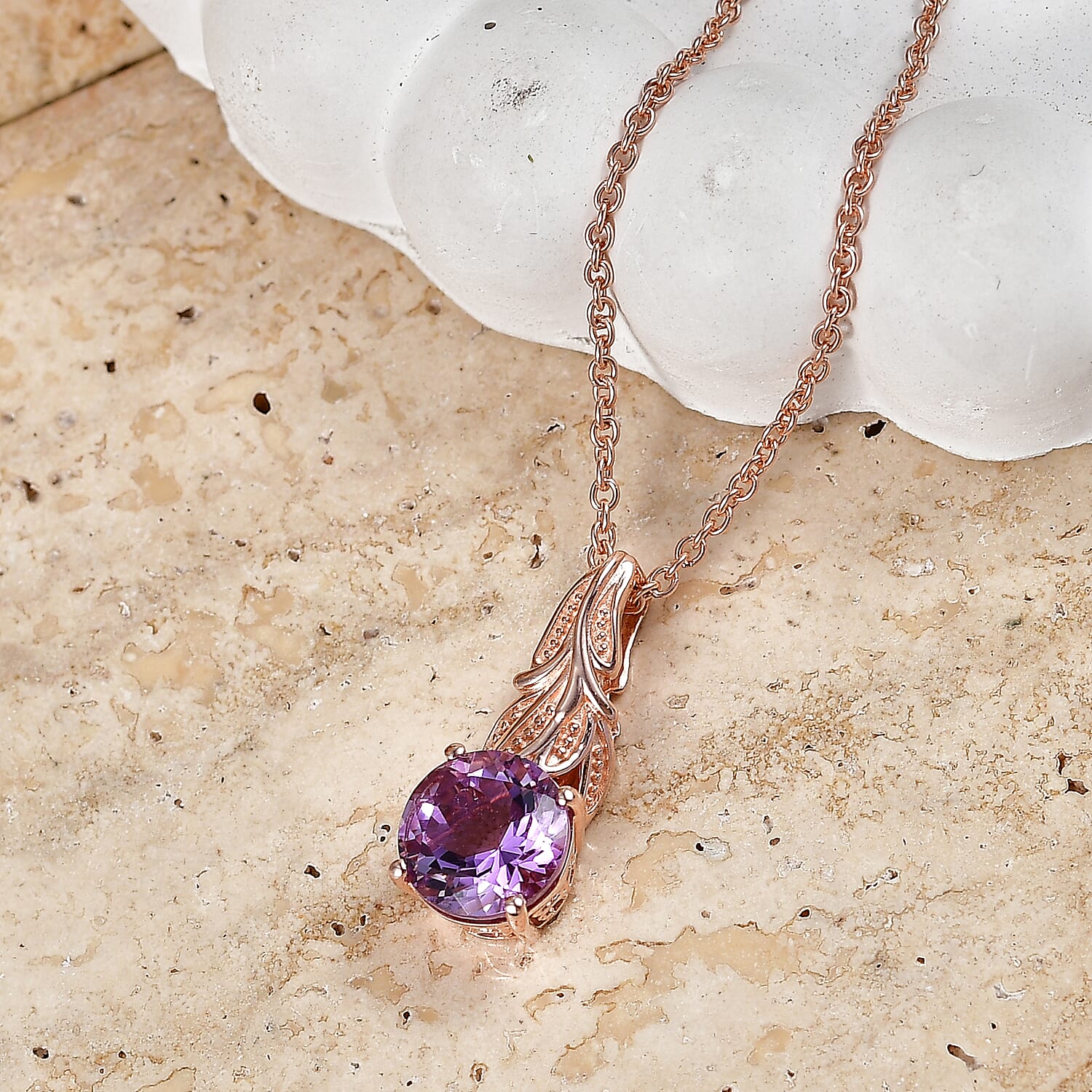 EverTrue Rose De France Amethyst 2.70 ctw Pendant in 18K RG Plated with ION Plated RG Stainless Steel Necklace 20 Inches