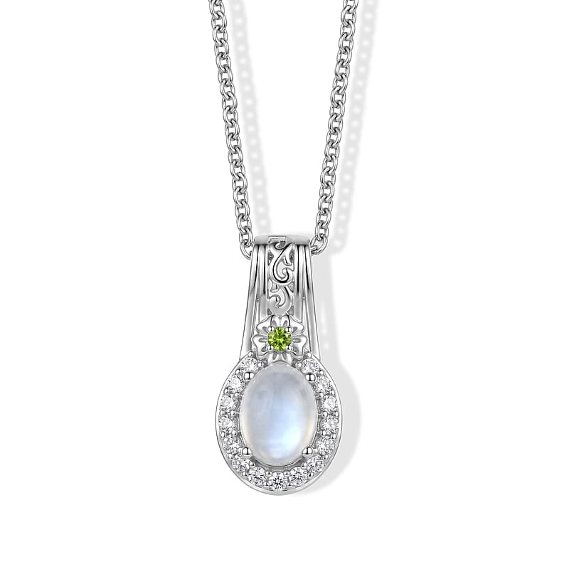 EverTrue White Moonstone and Multi Gemstone 1.90 ctw Pendant in 18K YG Plated and Platinum Bond with Stainless Steel Necklace 20 Inches