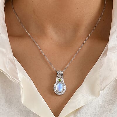 EverTrue White Moonstone and Multi Gemstone 1.90 ctw Pendant in 18K YG Plated and Platinum Bond with Stainless Steel Necklace 20 Inches