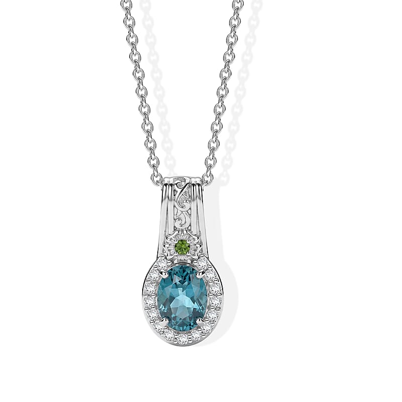 EverTrue Teal Fluorite and Multi Gemstone 1.90 ctw Pendant in 18K YG Plated and Platinum Bond with Stainless Steel Necklace 20 Inches