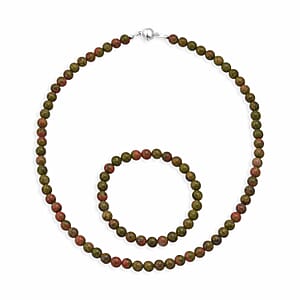 Unakite 200.00 ctw Beaded Stretch Bracelet and Necklace (18 Inches) in Sterling Silver