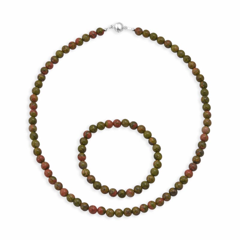 Unakite 200.00 ctw Beaded Stretch Bracelet and Necklace (18 Inches) in Sterling Silver