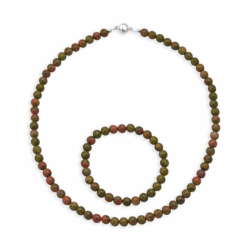 Unakite 200.00 ctw Beaded Stretch Bracelet and Necklace (18 Inches) in Sterling Silver