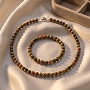 Unakite 200.00 ctw Beaded Stretch Bracelet and Necklace (18 Inches) in Sterling Silver