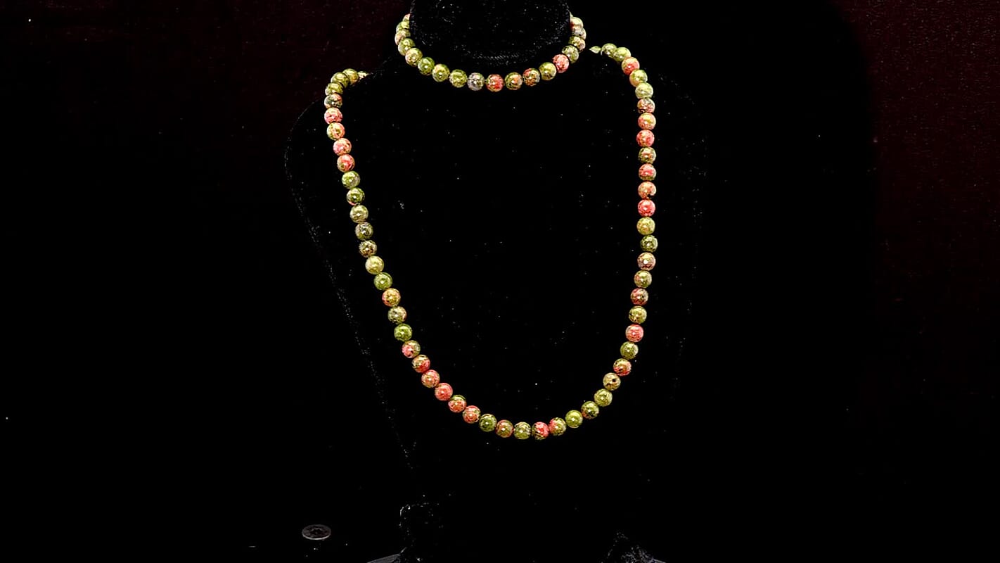 Unakite Beaded Stretch Bracelet and Necklace (18 Inches) in Sterling Silver 200.00 ctw