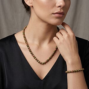 Unakite 200.00 ctw Beaded Stretch Bracelet and Necklace (18 Inches) in Sterling Silver