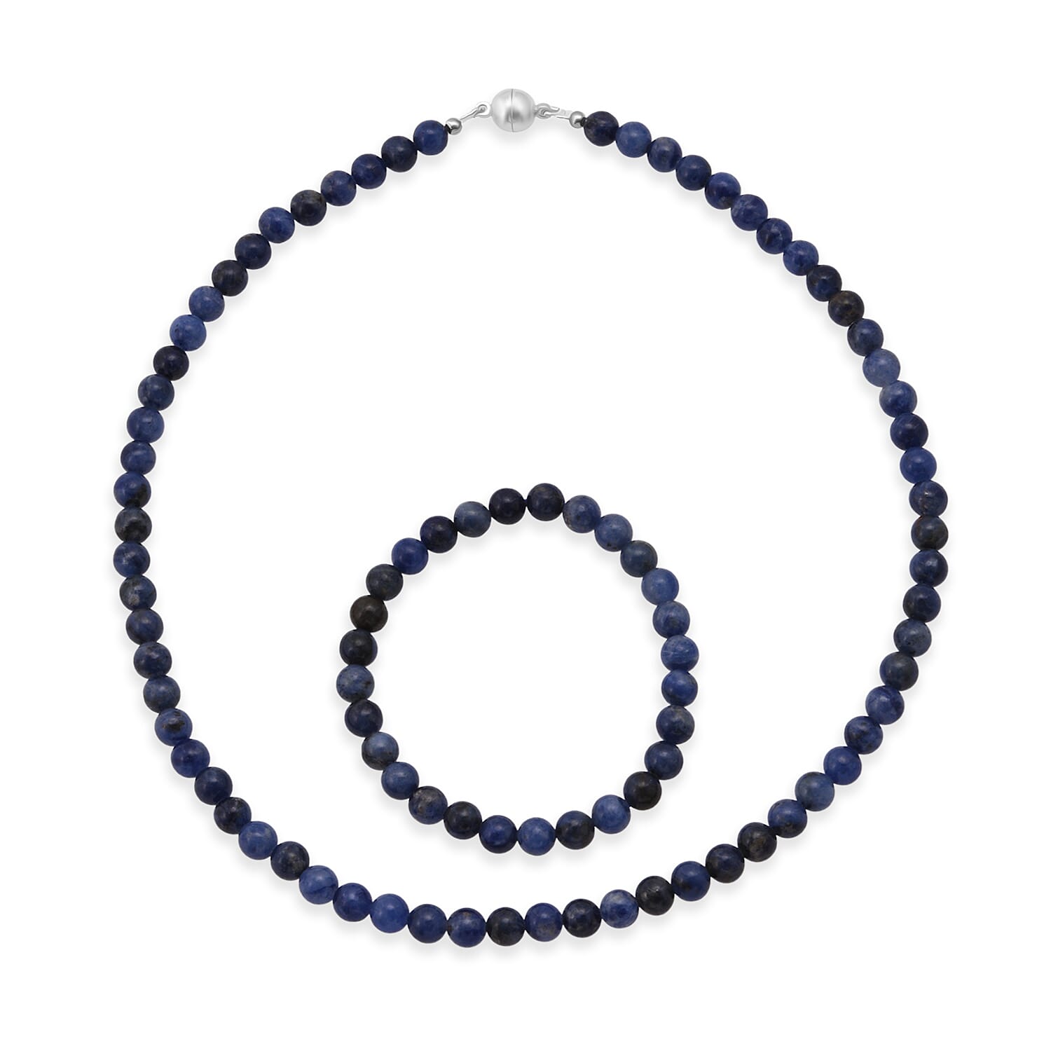 Sodalite 180.00 ctw Beaded Stretch Bracelet and Necklace (18 Inches) in Silvertone