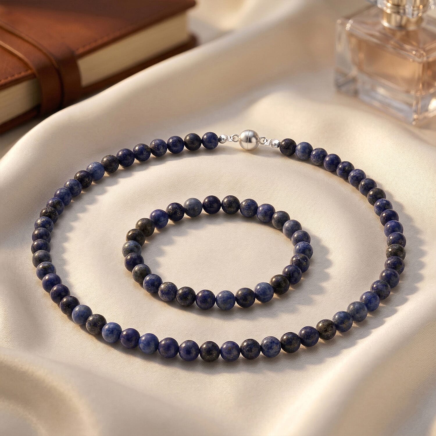 Sodalite 180.00 ctw Beaded Stretch Bracelet and Necklace (18 Inches) in Silvertone