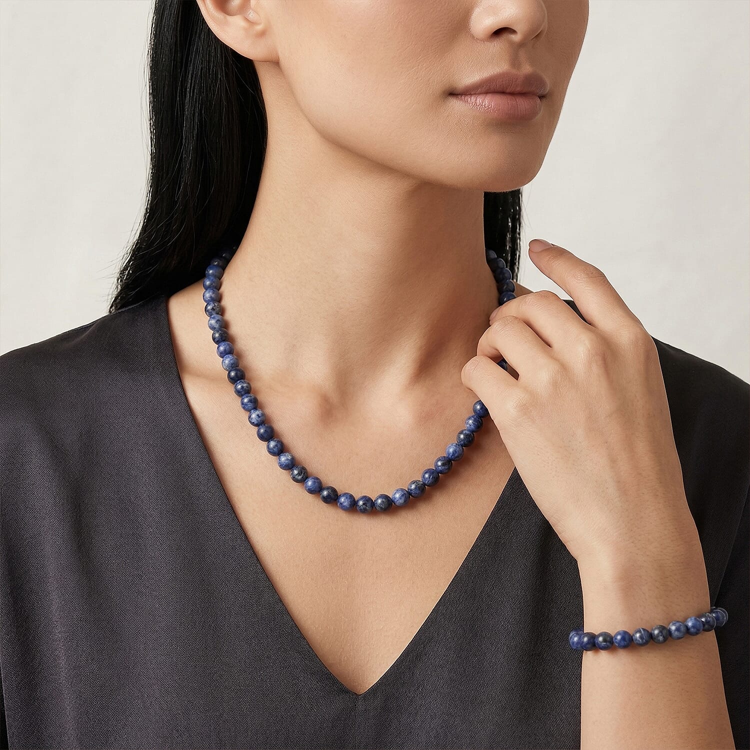 Sodalite 180.00 ctw Beaded Stretch Bracelet and Necklace (18 Inches) in Silvertone