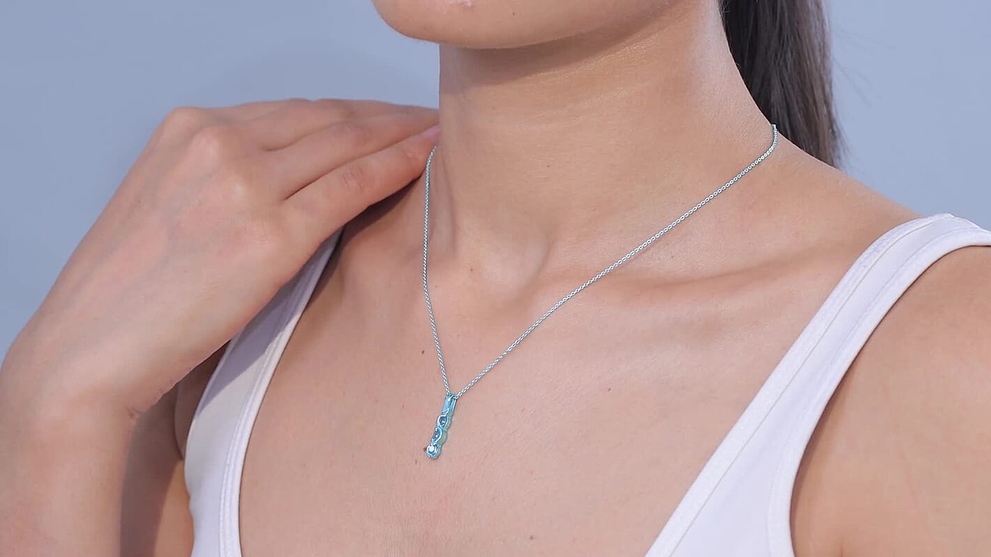D'Joy Premium Cambodian Blue Zircon 0.85 ctw Ocean Waves Pendant Necklace in Blue E-coat Sterling Silver 20 Inches