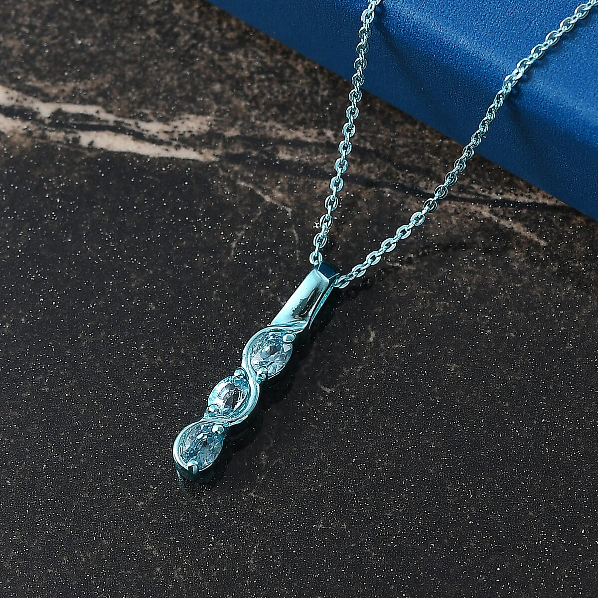 D'Joy Premium Cambodian Blue Zircon 0.85 ctw Ocean Waves Pendant Necklace in Blue E-coat Sterling Silver 20 Inches  image number 1