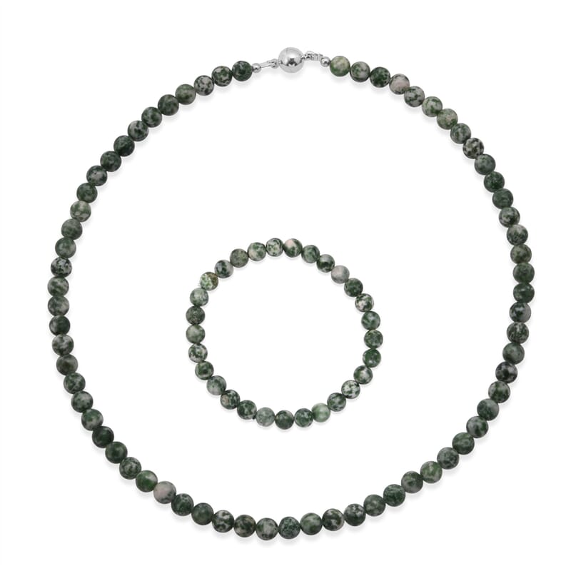 Tree Agate 200.00 ctw Beaded Stretch Bracelet and Necklace (18 Inches) in Silvertone