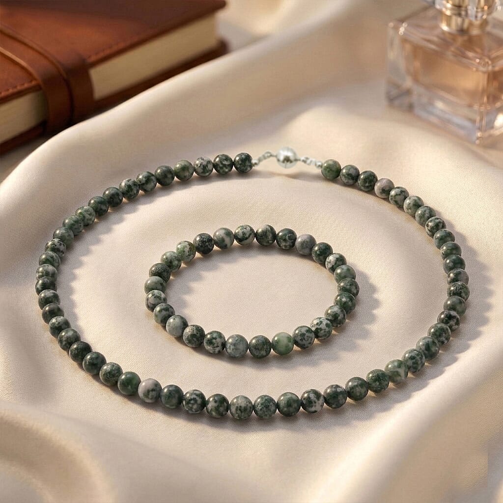 Tree Agate 200.00 ctw Beaded Stretch Bracelet and Necklace (18 Inches) in Silvertone