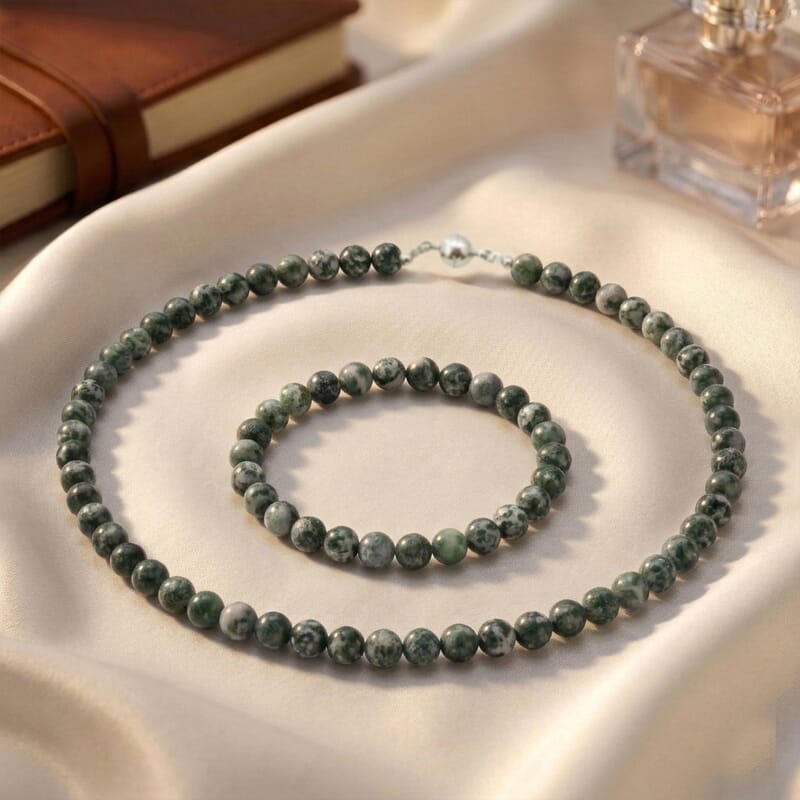 Tree Agate 200.00 ctw Beaded Stretch Bracelet and Necklace (18 Inches) in Silvertone