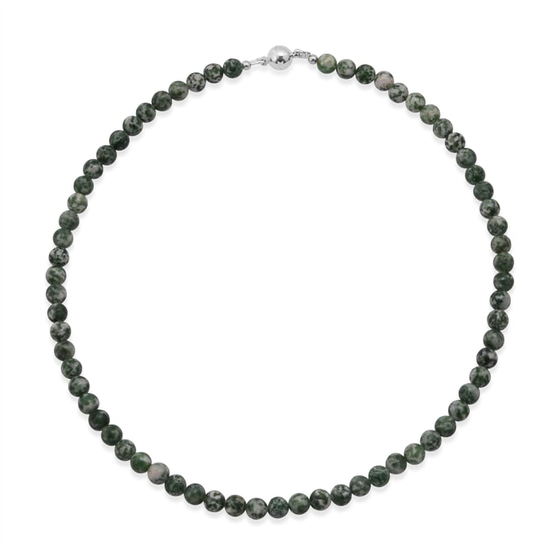 Tree Agate 200.00 ctw Beaded Stretch Bracelet and Necklace (18 Inches) in Silvertone