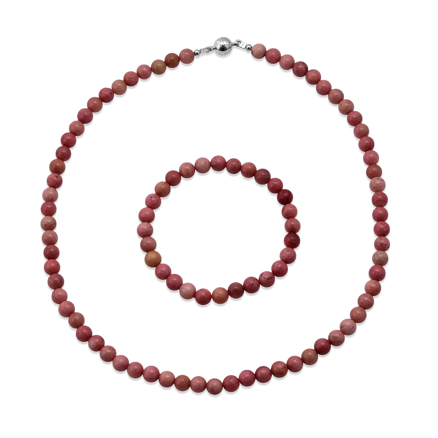 Rhodonite 225.00 ctw Beaded Stretch Bracelet and Necklace (18 Inches) in Silvertone