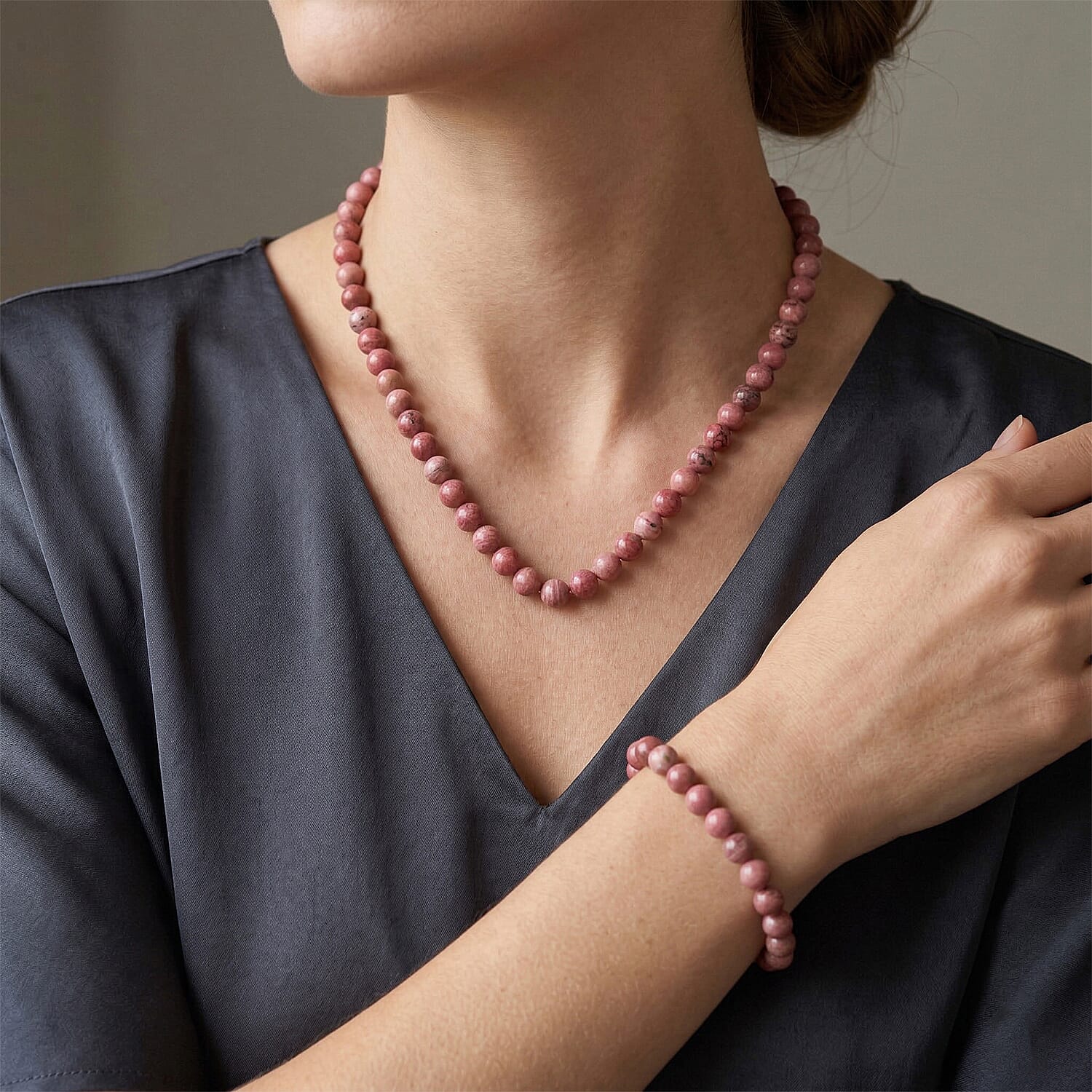 Rhodonite 225.00 ctw Beaded Stretch Bracelet and Necklace (18 Inches) in Silvertone