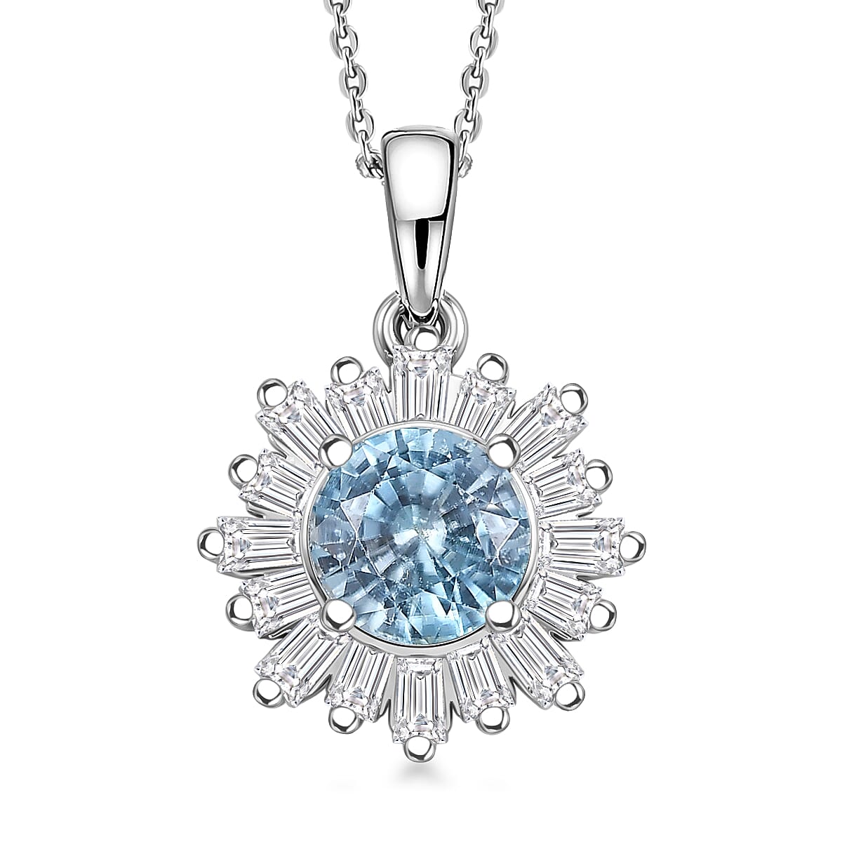 D'Joy Cambodian Blue Zircon and Moissanite 3.40 ctw Ocean Sunburst Pendant Necklace in Rhodium Over Sterling Silver 20 Inches