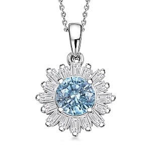D'Joy Cambodian Blue Zircon and Moissanite 3.40 ctw Ocean Sunburst Pendant Necklace in Rhodium Over Sterling Silver 20 Inches 