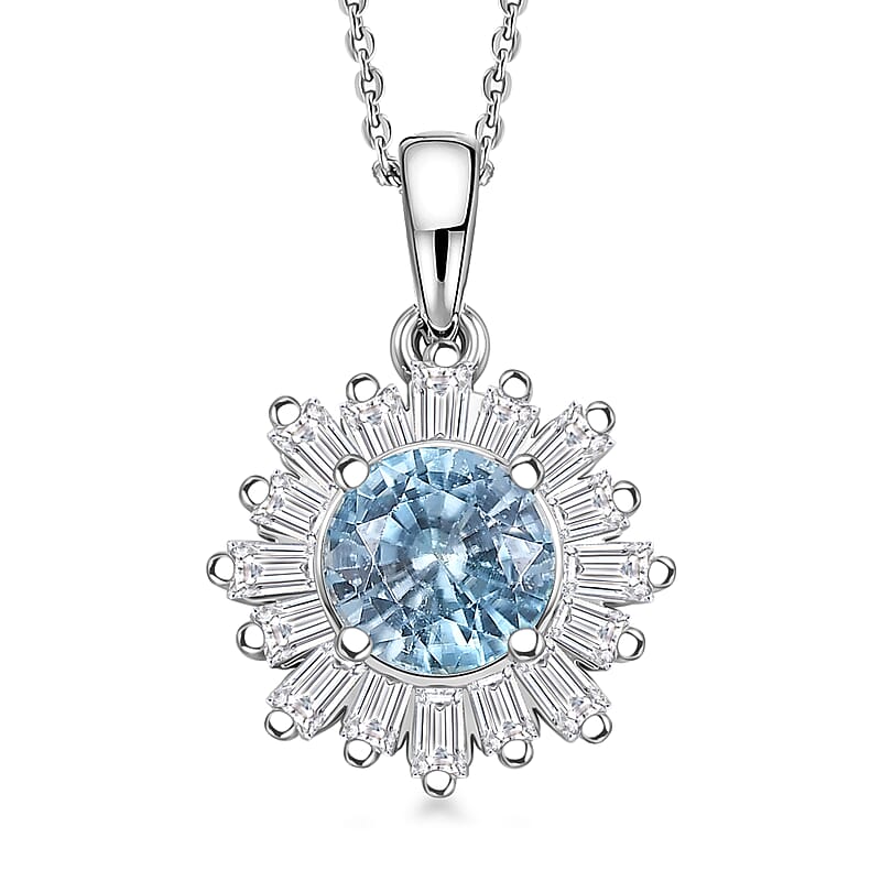 D'Joy Cambodian Blue Zircon and Moissanite 3.40 ctw Ocean Sunburst Pendant Necklace in Rhodium Over Sterling Silver 20 Inches