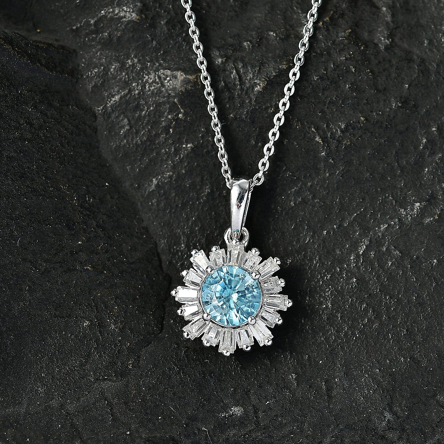 D'Joy Cambodian Blue Zircon and Moissanite 3.40 ctw Ocean Sunburst Pendant Necklace in Rhodium Over Sterling Silver 20 Inches