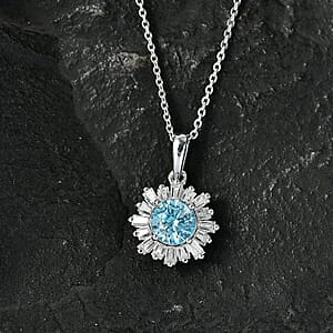 D'Joy Cambodian Blue Zircon and Moissanite 3.40 ctw Ocean Sunburst Pendant Necklace in Rhodium Over Sterling Silver 20 Inches 