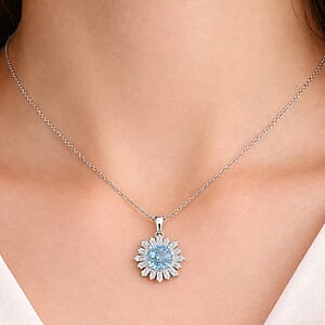 D'Joy Cambodian Blue Zircon and Moissanite 3.40 ctw Ocean Sunburst Pendant Necklace in Rhodium Over Sterling Silver 20 Inches 
