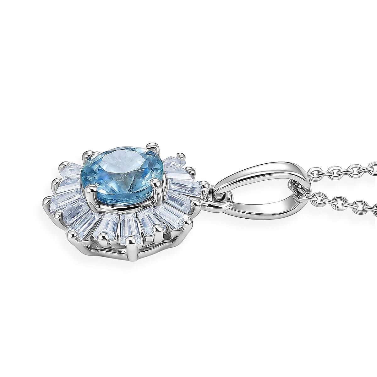 D'Joy Cambodian Blue Zircon and Moissanite 3.40 ctw Ocean Sunburst Pendant Necklace in Rhodium Over Sterling Silver 20 Inches  image number 3