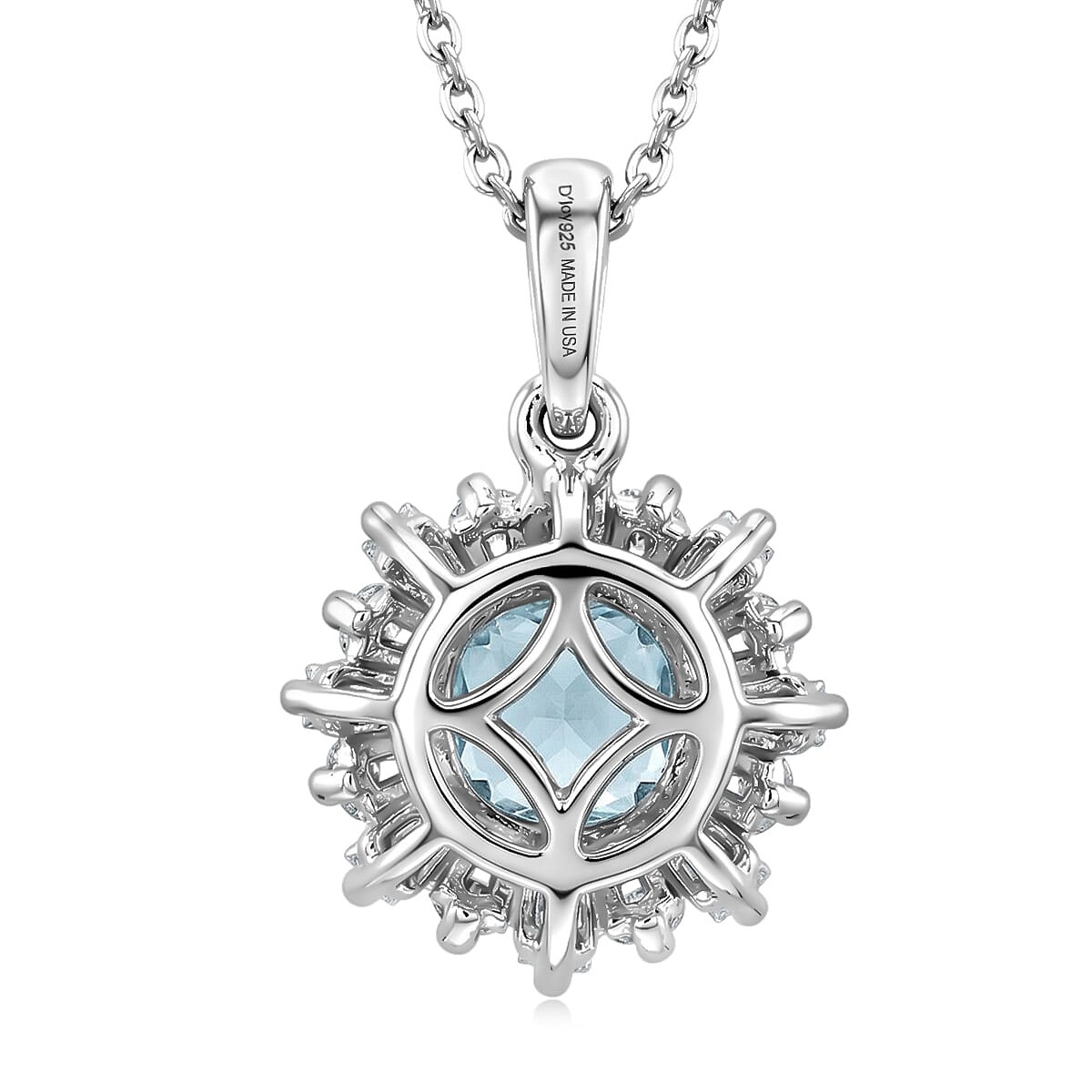 D'Joy Cambodian Blue Zircon and Moissanite 3.40 ctw Ocean Sunburst Pendant Necklace in Rhodium Over Sterling Silver 20 Inches  image number 4