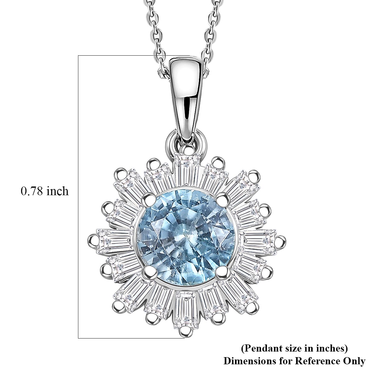 D'Joy Cambodian Blue Zircon and Moissanite 3.40 ctw Ocean Sunburst Pendant Necklace in Rhodium Over Sterling Silver 20 Inches