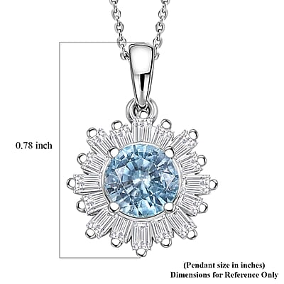 D'Joy Cambodian Blue Zircon and Moissanite 3.40 ctw Ocean Sunburst Pendant Necklace in Rhodium Over Sterling Silver 20 Inches