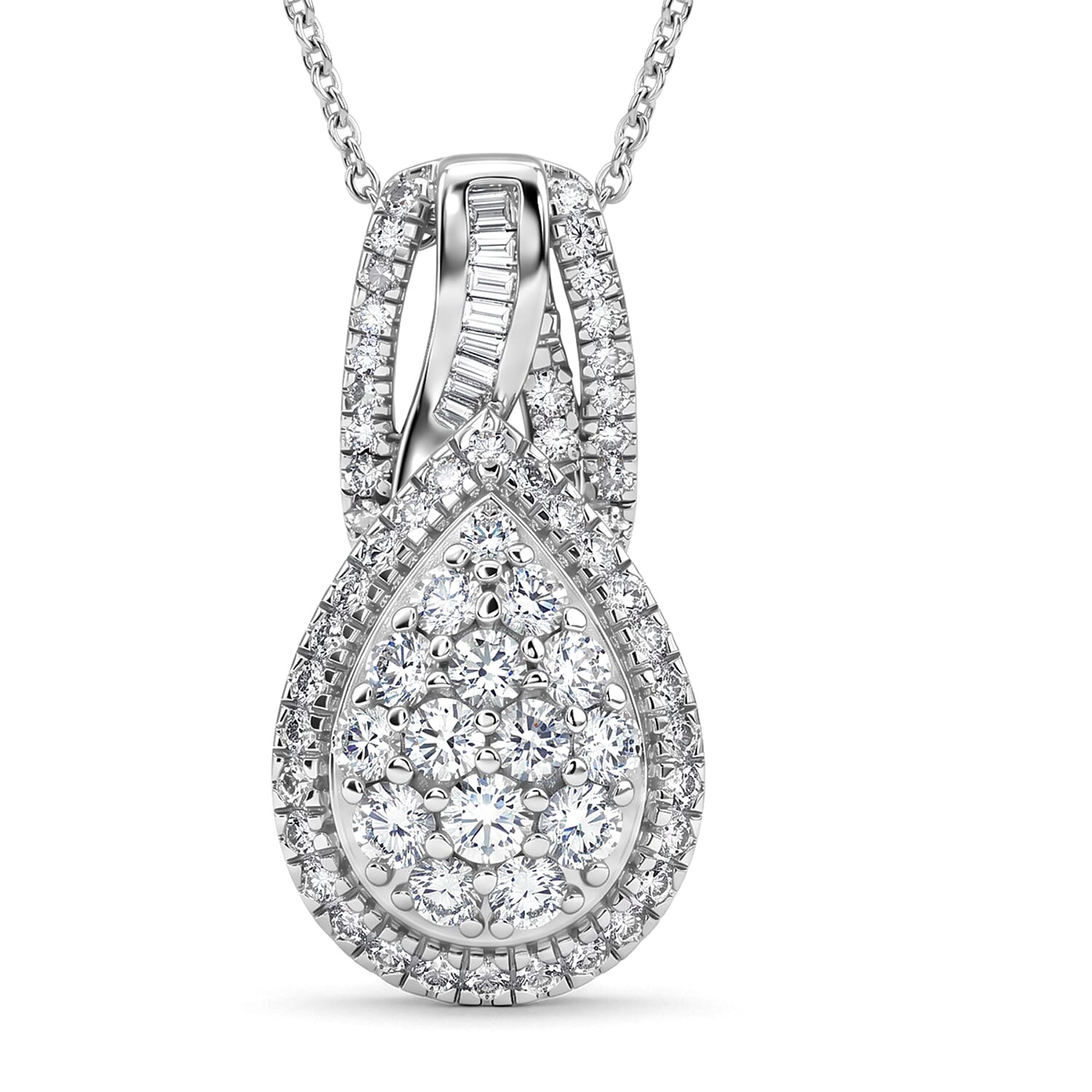 Luxuriant Lab Grown Diamond G-H SI 0.90 ctw Regal Wave Pendant Necklace in Rhodium Over Sterling Silver 20 Inches