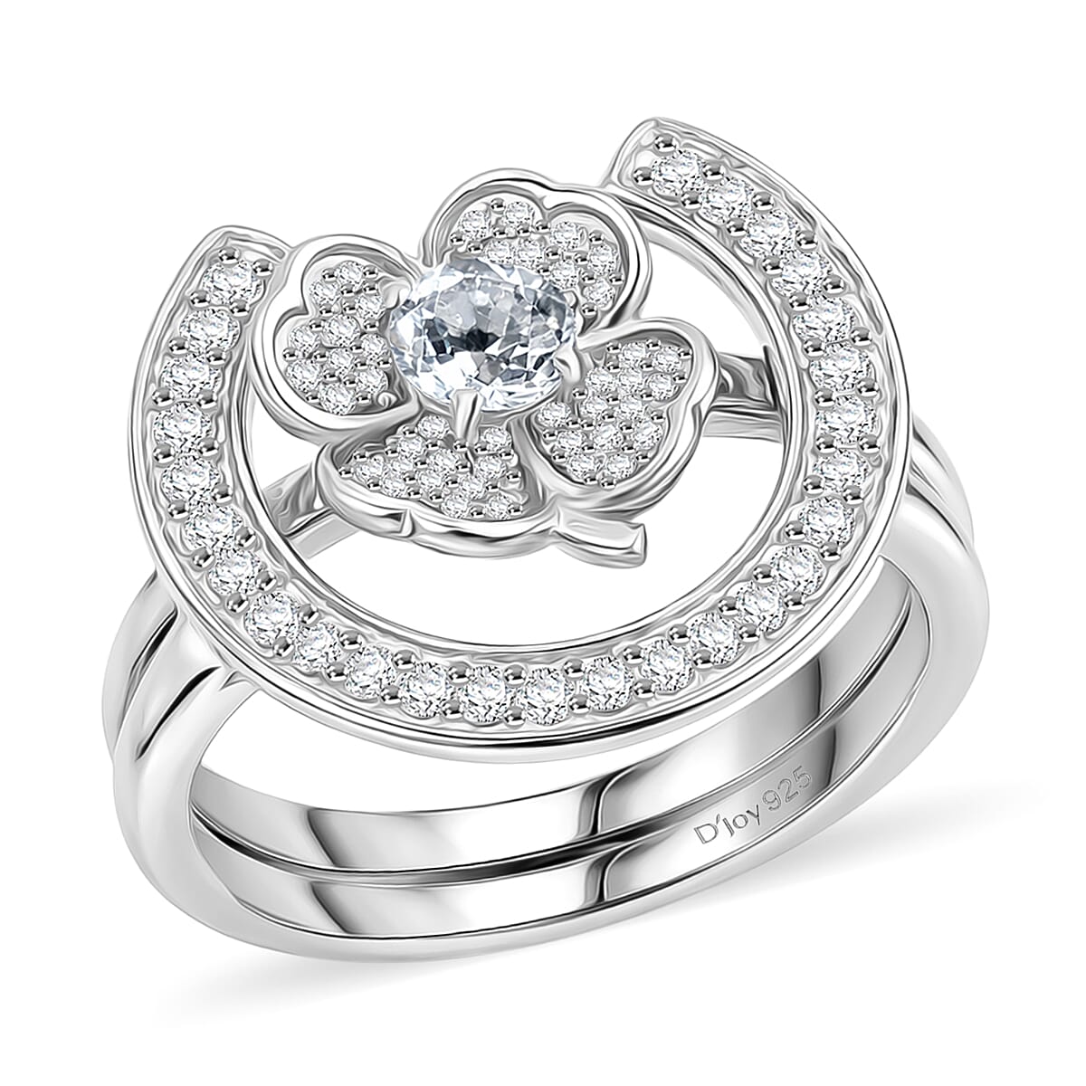 D'Joy White Topaz 1.10 ctw Set of 2 Lucky Horseshoe Blossom Ring in Rhodium Over Sterling Silver (Size 5.0)