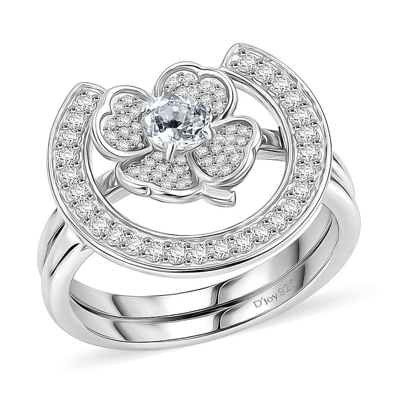 D'Joy White Topaz 1.10 ctw Set of 2 Lucky Horseshoe Blossom Ring in Rhodium Over Sterling Silver (Size 5.0)