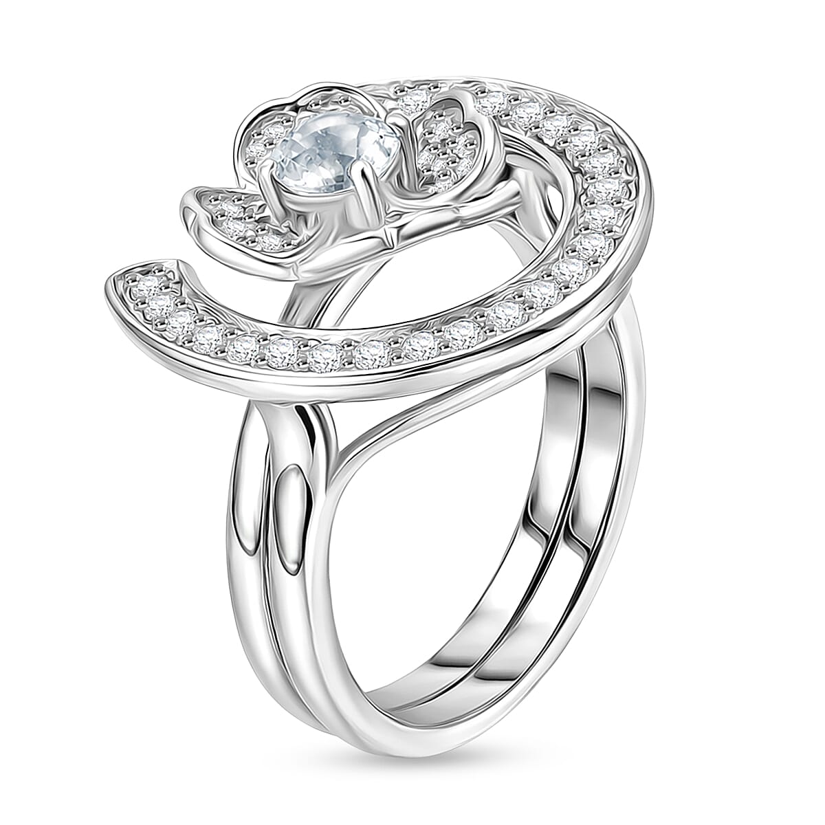D'Joy White Topaz 1.10 ctw Set of 2 Lucky Horseshoe Blossom Ring in Rhodium Over Sterling Silver (Size 5.0)