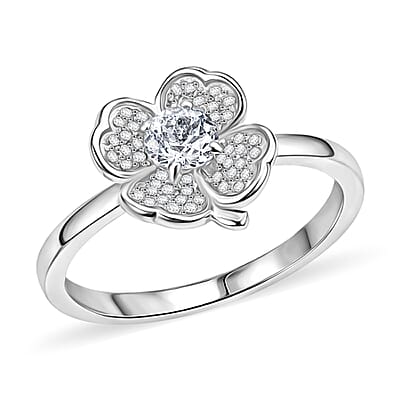 D'Joy White Topaz 1.10 ctw Set of 2 Lucky Horseshoe Blossom Ring in Rhodium Over Sterling Silver (Size 5.0)