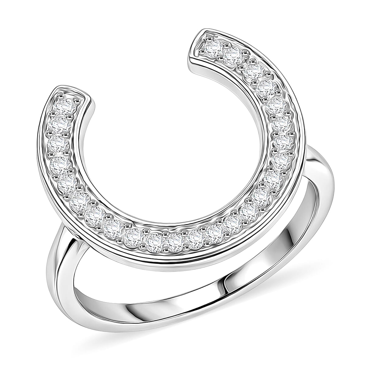 D'Joy White Topaz 1.10 ctw Set of 2 Lucky Horseshoe Blossom Ring in Rhodium Over Sterling Silver (Size 5.0)